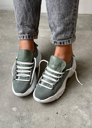 Кросівки кеди натуральна шкіра замша зелений хакі 230