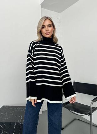 Подовжений смугастий жіночий светр стильний з розрізами, кофта в смужку4 фото