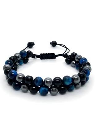 🐯🔵оберег! стильный браслет-феничка из черного оникса, гематита и синего тигрового глаза