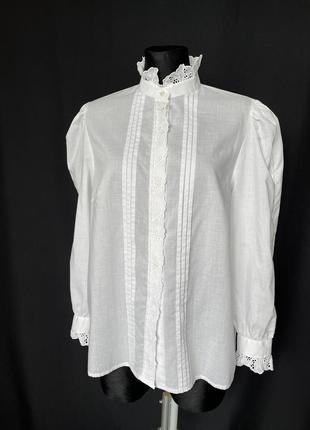 Винтаж белая романтичная блуза блузка винтажная воротник стойка викторианская пышный рукав1 фото