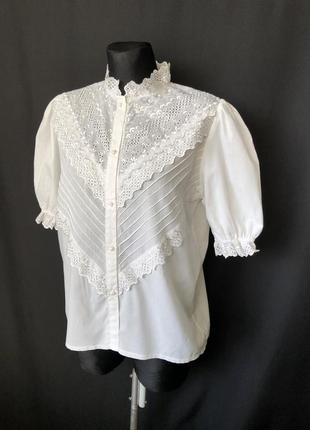 Винтаж белая кружевная блуза блузка баварская дирндль пышный рукав воротник стойка