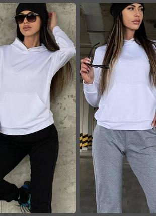 Спортивный костюм кофта кенгуру свободного кроя с капюшоном худи штаны джоггеры комплект стильный базовый черный серый с белым10 фото
