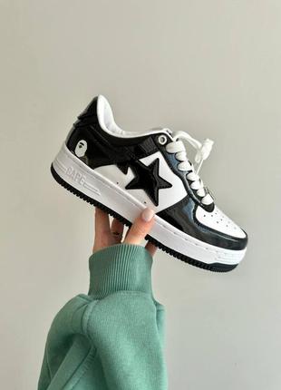 Крутые женские кроссовки a bathing ape bape sta patent black чёрно-белые