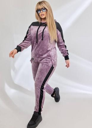 Женский велюровый прогулочный спортивный костюм с лампасами велюр спорт джоггеры и худи большого размера батал9 фото