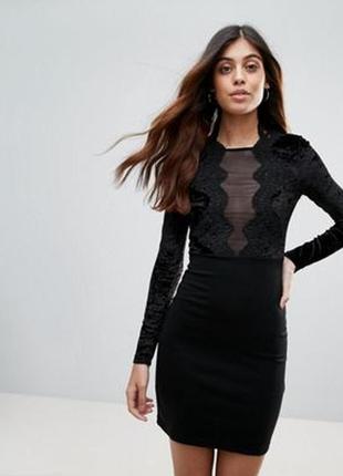 Чёрное платье мини с длинным рукавом/с бархатными вставками и сеточкой на груди1 фото