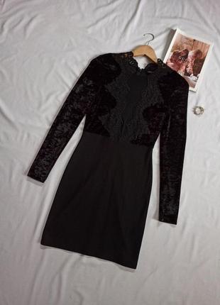 Чёрное платье мини с длинным рукавом/с бархатными вставками и сеточкой на груди5 фото