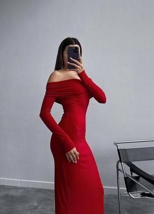 Сукня міді по фігурі з відкритими плечима плаття сіра чорна бежева червона біла елегантна вечірня трендова стильна2 фото