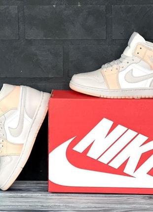 Nike air jordan 1 retro кроссовки женские белые с серым и персиковым высокими найк джордан осенние весенние демисезонные высокие отменное качество кожаные2 фото