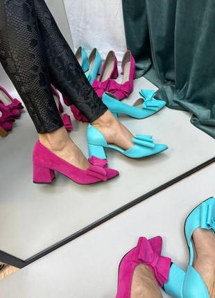 Эксклюзивные туфли лодочки из итальянской кожи и замши женские на каблуке с бантиком8 фото
