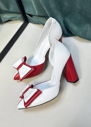 Эксклюзивные туфли лодочки из итальянской кожи и замши женские на каблуке с бантиком