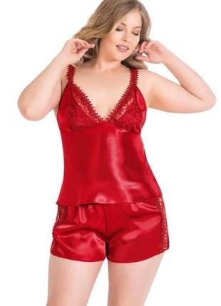 Красная шелковая атласная пижама с кружком. комплект майка и шорты s-xl