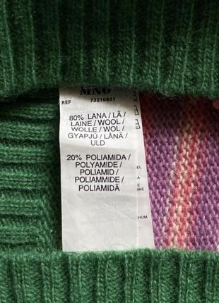 Шерстяной свитер, пуловер, mango, в полоску, полосатый, v-образный вырез, джемпер, зелёный7 фото