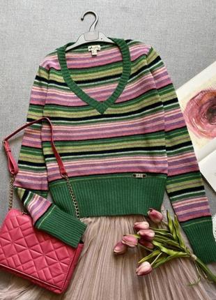 Шерстяной свитер, пуловер, mango, в полоску, полосатый, v-образный вырез, джемпер, зелёный2 фото