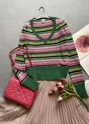 Шерстяной свитер, пуловер, mango, в полоску, полосатый, v-образный вырез, джемпер, зелёный4 фото