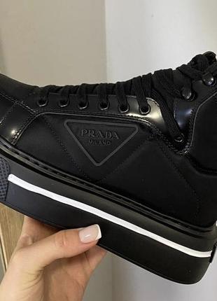 Prada macro re-nylon brushed leather sneakers black