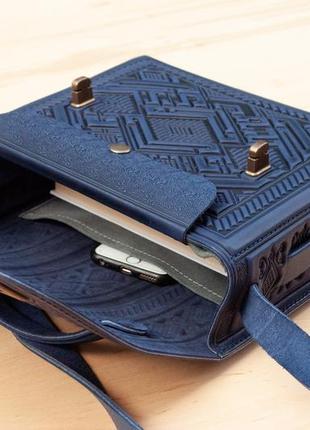 Велика шкіряна сумка-портфель ручної роботи із тисненням синя| жіночий шкіряний портфель3 фото