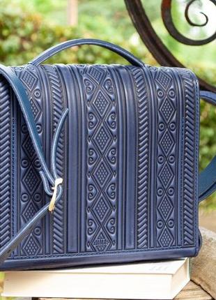 Велика шкіряна сумка-портфель ручної роботи із тисненням синя| жіночий шкіряний портфель8 фото
