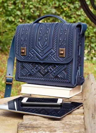 Большая кожаная сумка-портфель ручной работы с тиснением синяя | женский кожаный портфель