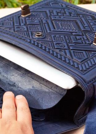 Велика шкіряна сумка-портфель ручної роботи із тисненням синя| жіночий шкіряний портфель9 фото