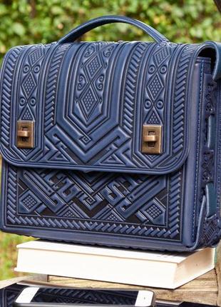 Велика шкіряна сумка-портфель ручної роботи із тисненням синя| жіночий шкіряний портфель7 фото