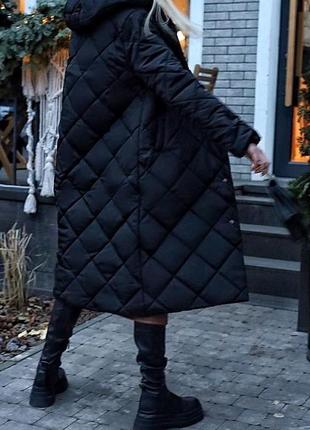 Куртка пальто женское стеганое с капюшоном плащевка синтепон 250 зима черное2 фото