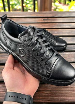 Мужские кожаные кеды (натуральная кожа) черные демисезонные, мужская обувь весна осень5 фото