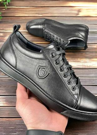 Мужские кожаные кеды (натуральная кожа) черные демисезонные, мужская обувь весна осень4 фото