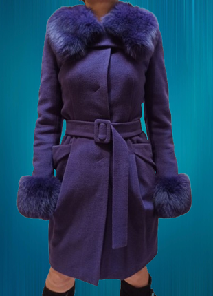 Зимнее кашемировое шерстяное пальто с шерсти и меха лисицы песца натурального пуховик куртка