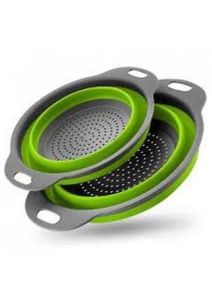 Дуршлаг силиконовый складной 2 шт в комплекте (большой + маленький) collapsible filter baskets, зеленый3 фото