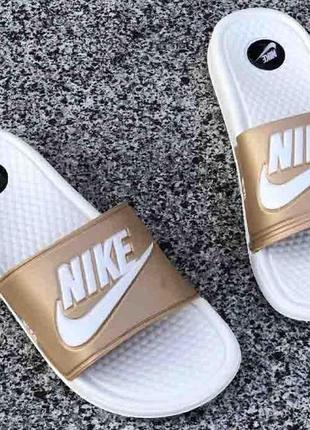 Nike benassi white logo gold