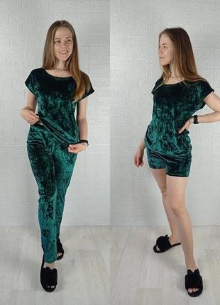 Женская велюровая пижама 3-ка зеленый 44-54р.