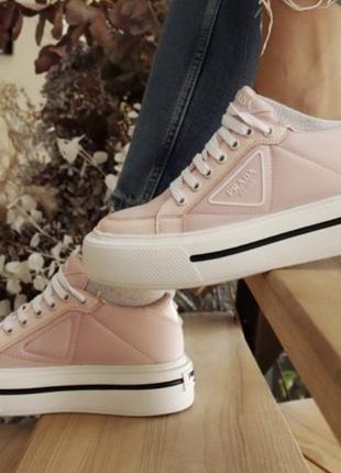 Prada macro re-nylon brushed leather sneakers pink