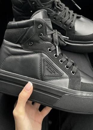 Prada macro re-nylon brushed leather sneakers black