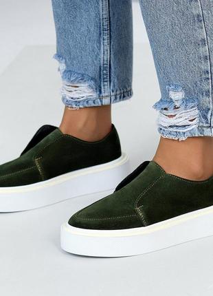 Модные женские замшевые зелёные лоферы весенне осенние туфли натуральная замша весна осень
