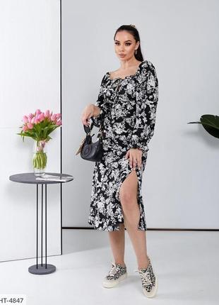 Платье женское легкое романтичное ниже колен миди а-силуэта в цветочный принт с разрезом на ноге размеры 42-483 фото