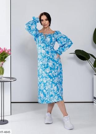 Платье женское легкое романтичное ниже колен миди а-силуэта в цветочный принт с разрезом на ноге размеры 42-486 фото