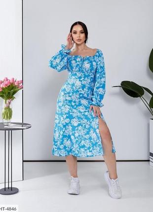 Платье женское легкое романтичное ниже колен миди а-силуэта в цветочный принт с разрезом на ноге размеры 42-484 фото