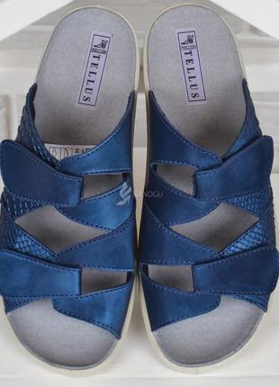 Шлепанцы женские кожаные tellus на танкетке синие на липучках