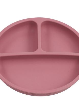 Силіконова секційна тарілка кругла на присоску темно рожевий колір
