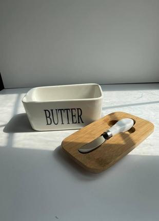 Маслянка керамічна з ножем та бамбуковою кришкою butter, білий6 фото