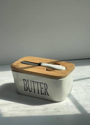 Маслянка керамічна з ножем та бамбуковою кришкою butter, білий3 фото