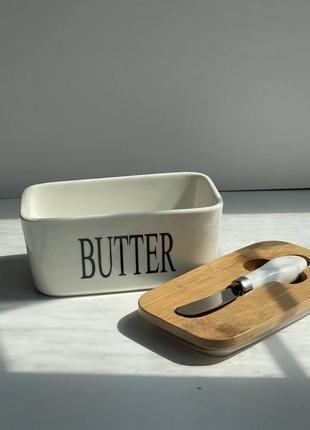 Маслянка керамічна з ножем та бамбуковою кришкою butter, білий4 фото