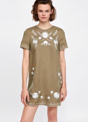 Zara льняное платье туника с вышивкой xs5 фото