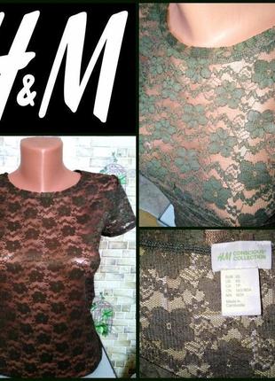 Гарна мереживна блуза кольору хакі від h&amp;m made in cambodia, 💯 оригінал