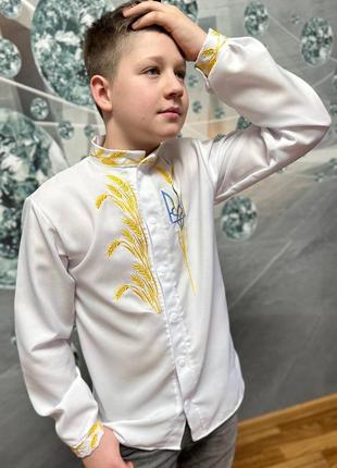 Рубашка вышиванка на мальчика "колосоки с гербом на кнопках" белый рост 116-1642 фото