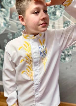 Рубашка вышиванка на мальчика "колосоки с гербом на кнопках" белый рост 116-1643 фото
