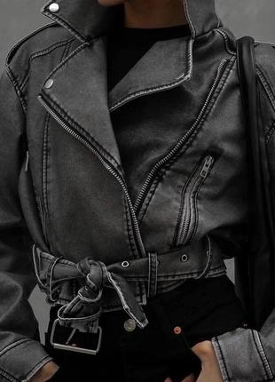 Куртка осень весна демисезонная vintage винтаж короткая оверсайз кожаная косуха авиатор эко кожа кожаная карманы ремень воротник3 фото