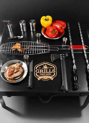 Шашличний набір-комплект з столиком на 6 шампурів "grills g16" чорний | 30 предметів