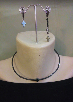 Стильный чокер колье ожерелье серьги браслет набор бохо гематит ручная авторское украшение