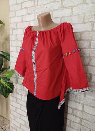Новая нарядная хлопковая блуза с вышивкой, бубончиками в красном цвете, размер л-хл4 фото